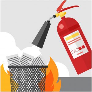 graphic of fire extinguisher putting out a paper fire in a bin