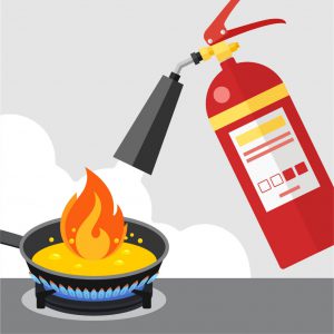 graphic image of fire extinguisher putting out small fire in a frying pan 