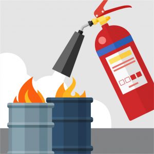 graphic of fire extinguisher putting out two metal bins on fire