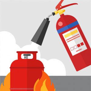 graphic image of fire extinguisher putting out a gas cannister on fire 