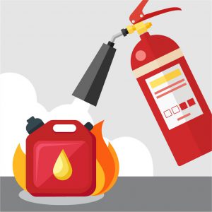 graphic of fire extinguisher putting out an oil can that is on fire 